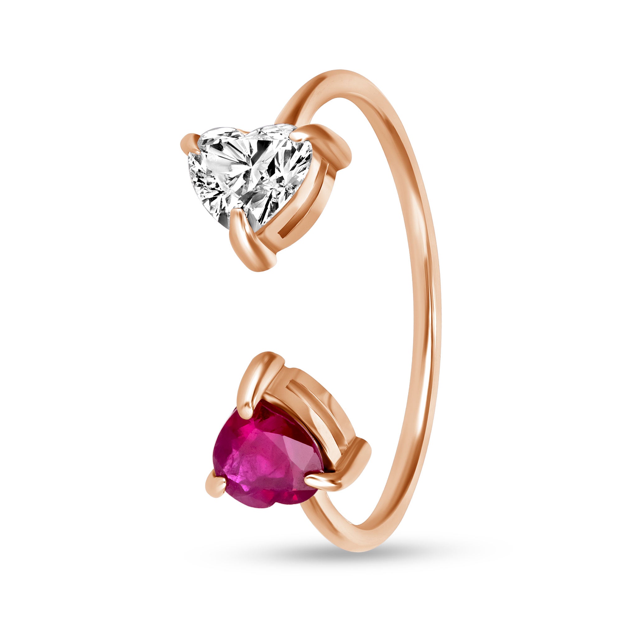 14K White Gold Toi Et Moi Diamond and Ruby Heart Ring