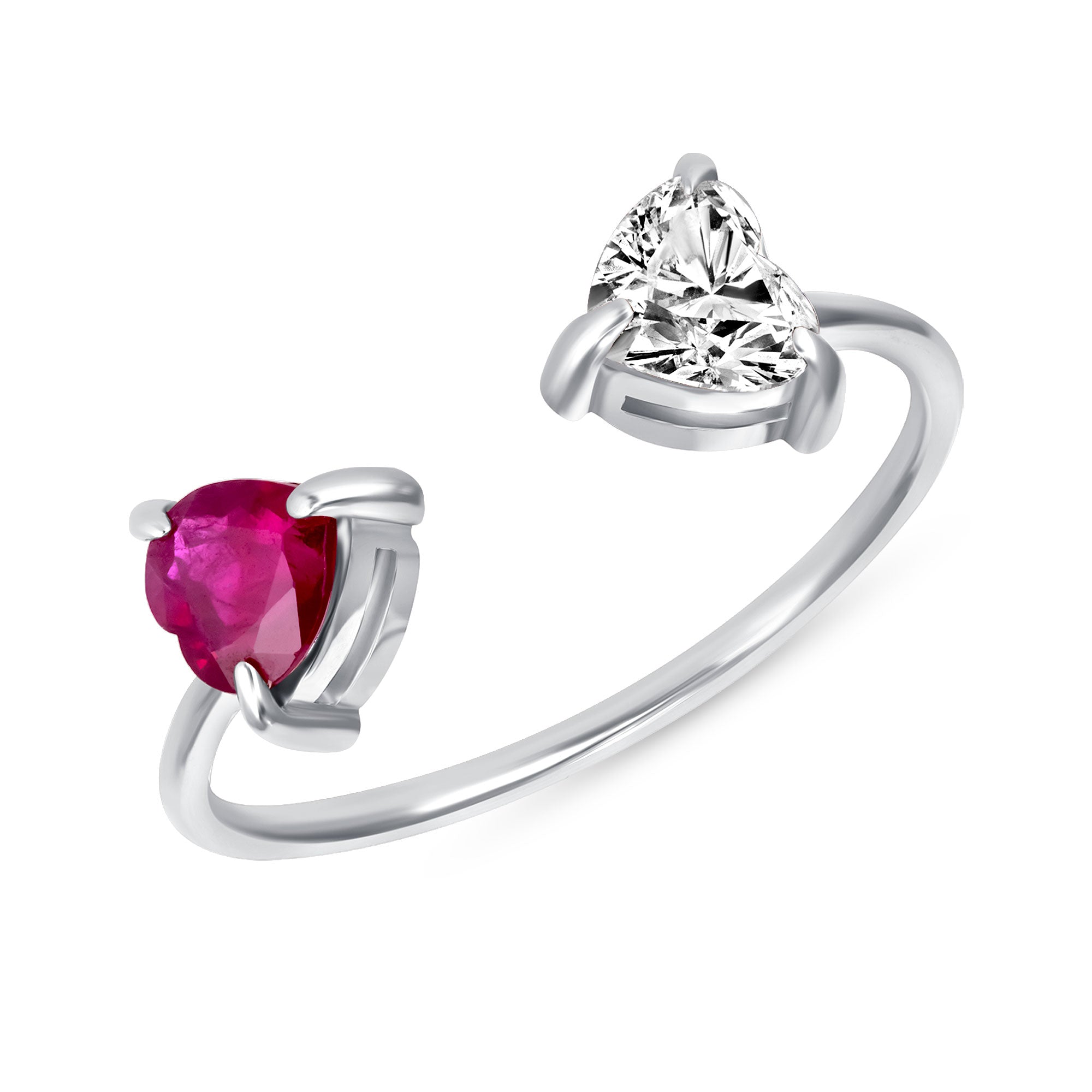 14K White Gold Toi Et Moi Diamond and Ruby Heart Ring