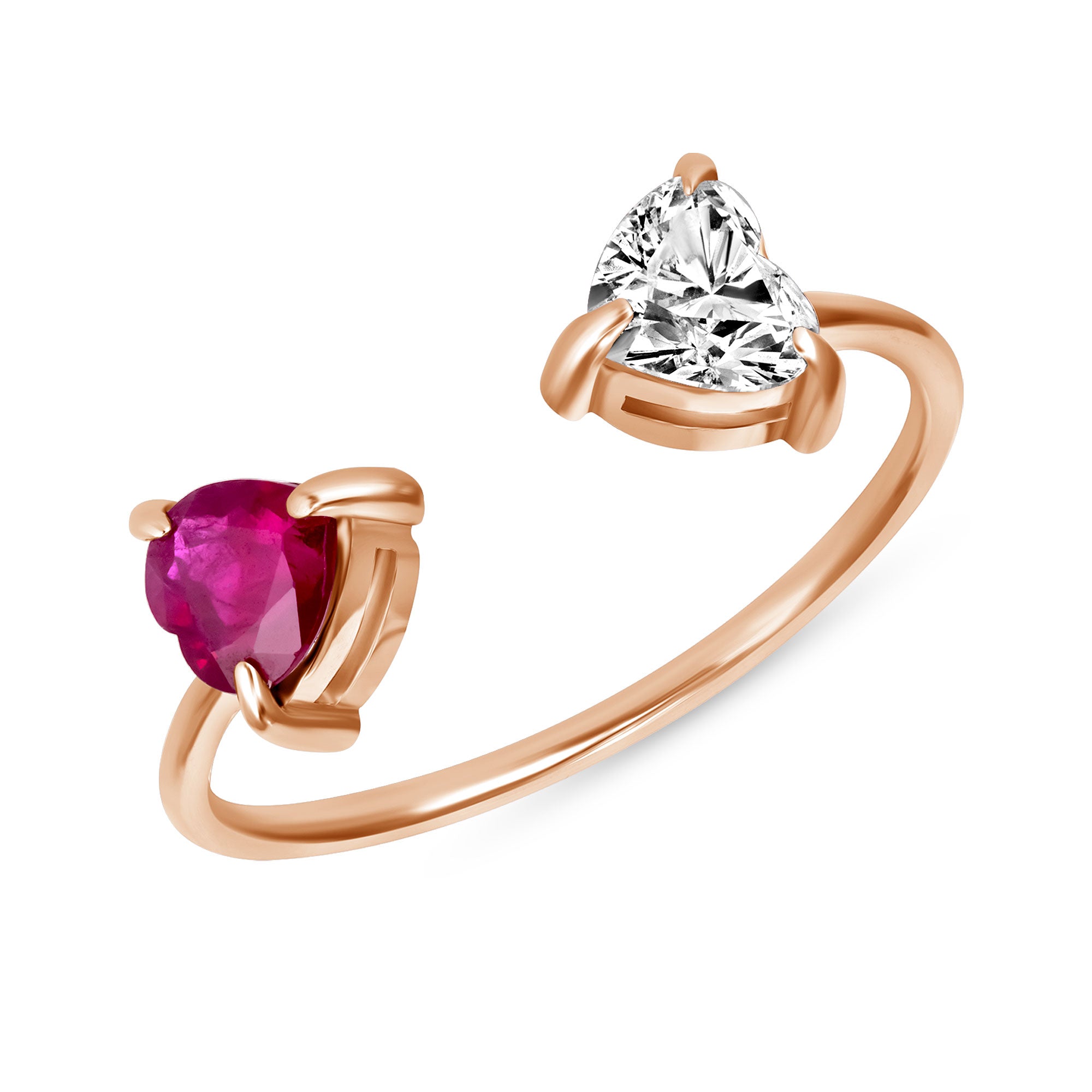 14K White Gold Toi Et Moi Diamond and Ruby Heart Ring