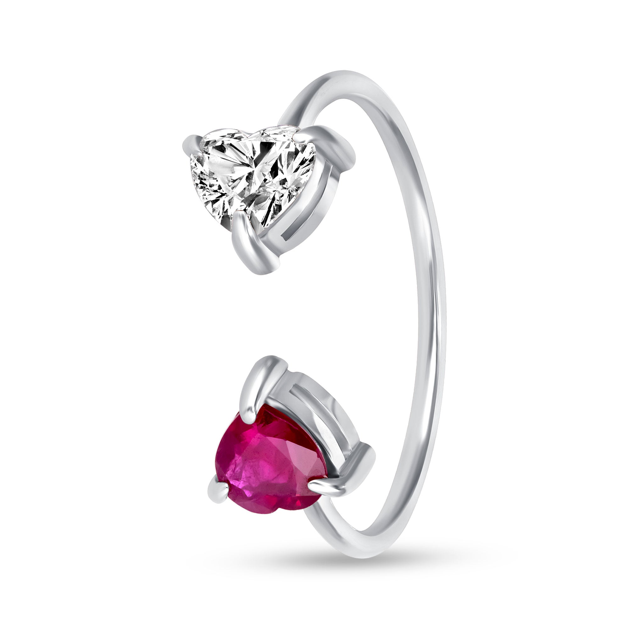 14K White Gold Toi Et Moi Diamond and Ruby Heart Ring