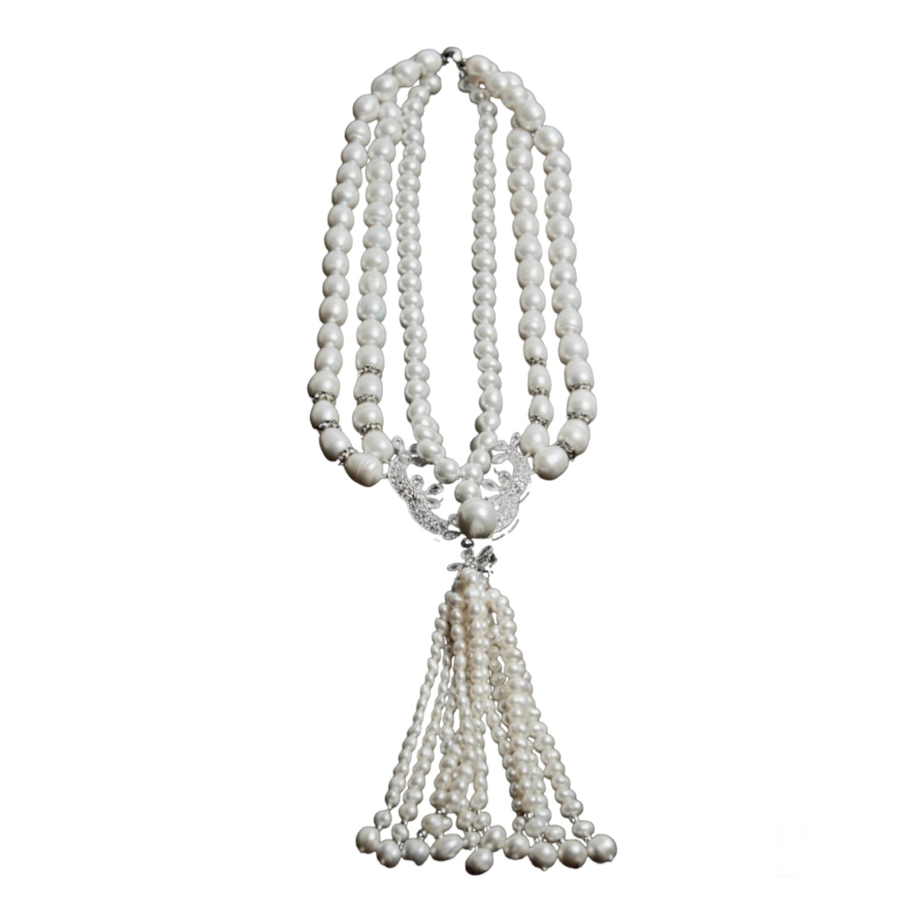 Three-Strand Freshwater Pearl Tassel Necklace with Crystal Accents