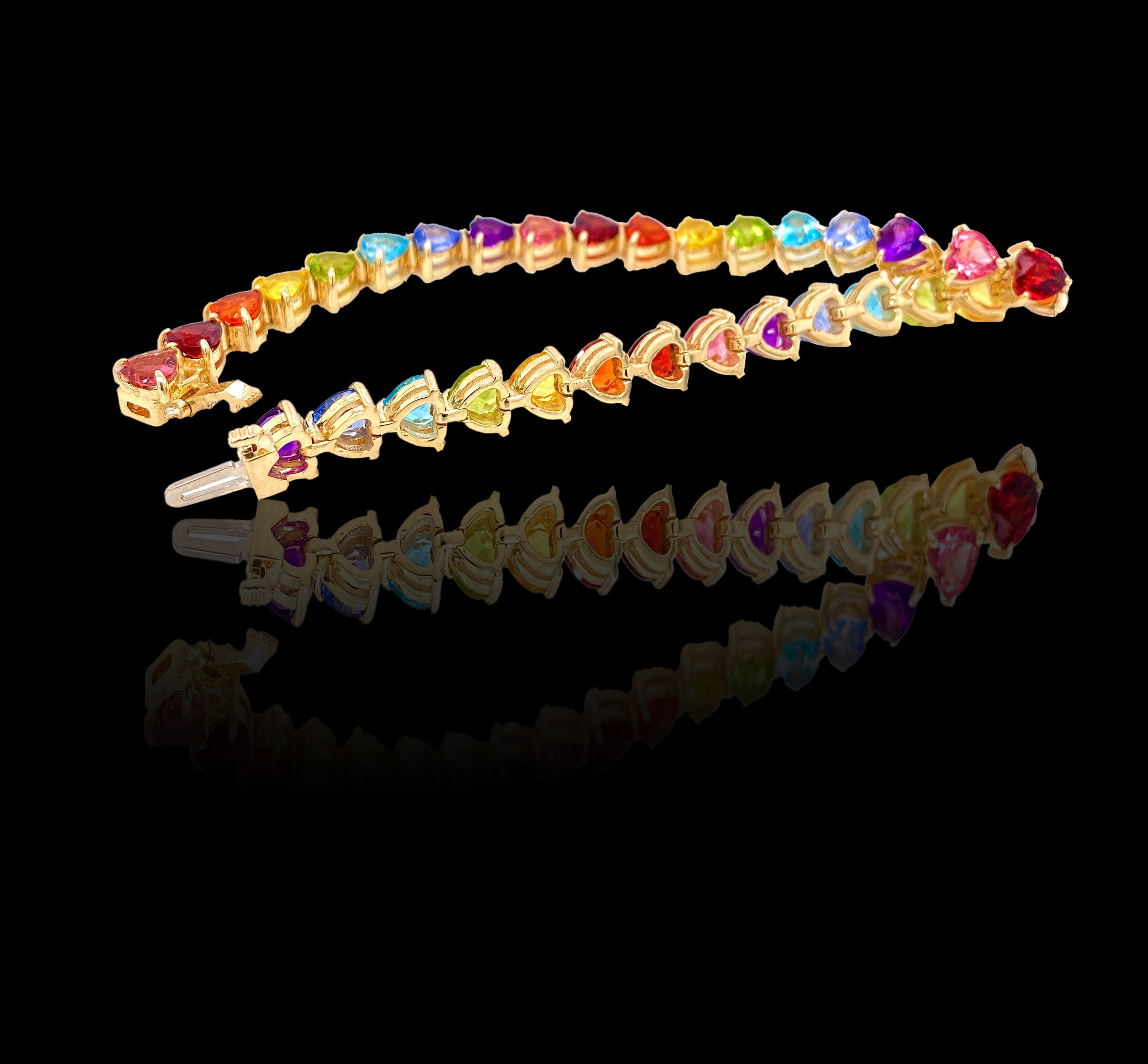 14K White Gold Rainbow Heart Tennis Bracelet with Gemstones