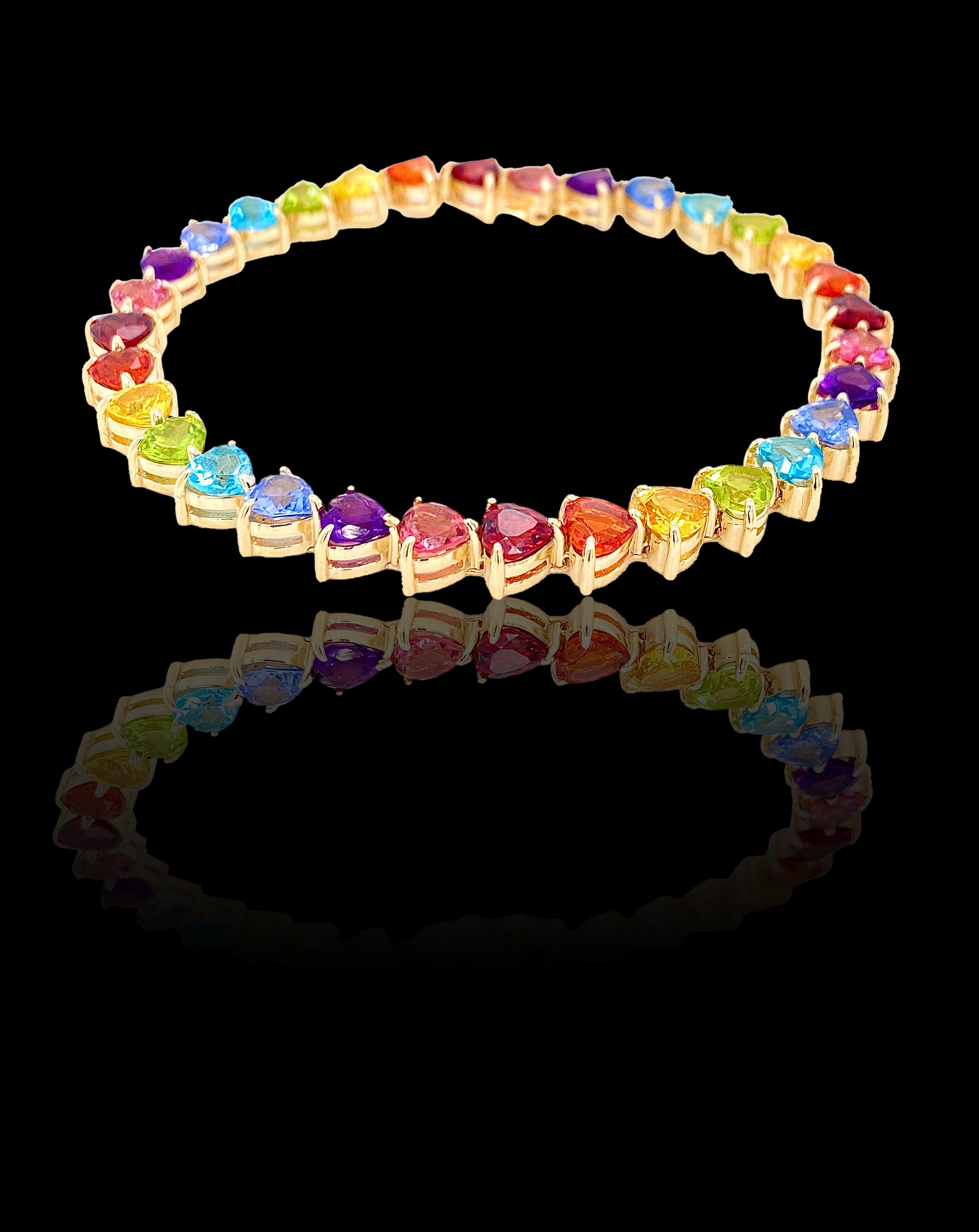 14K White Gold Rainbow Heart Tennis Bracelet with Gemstones