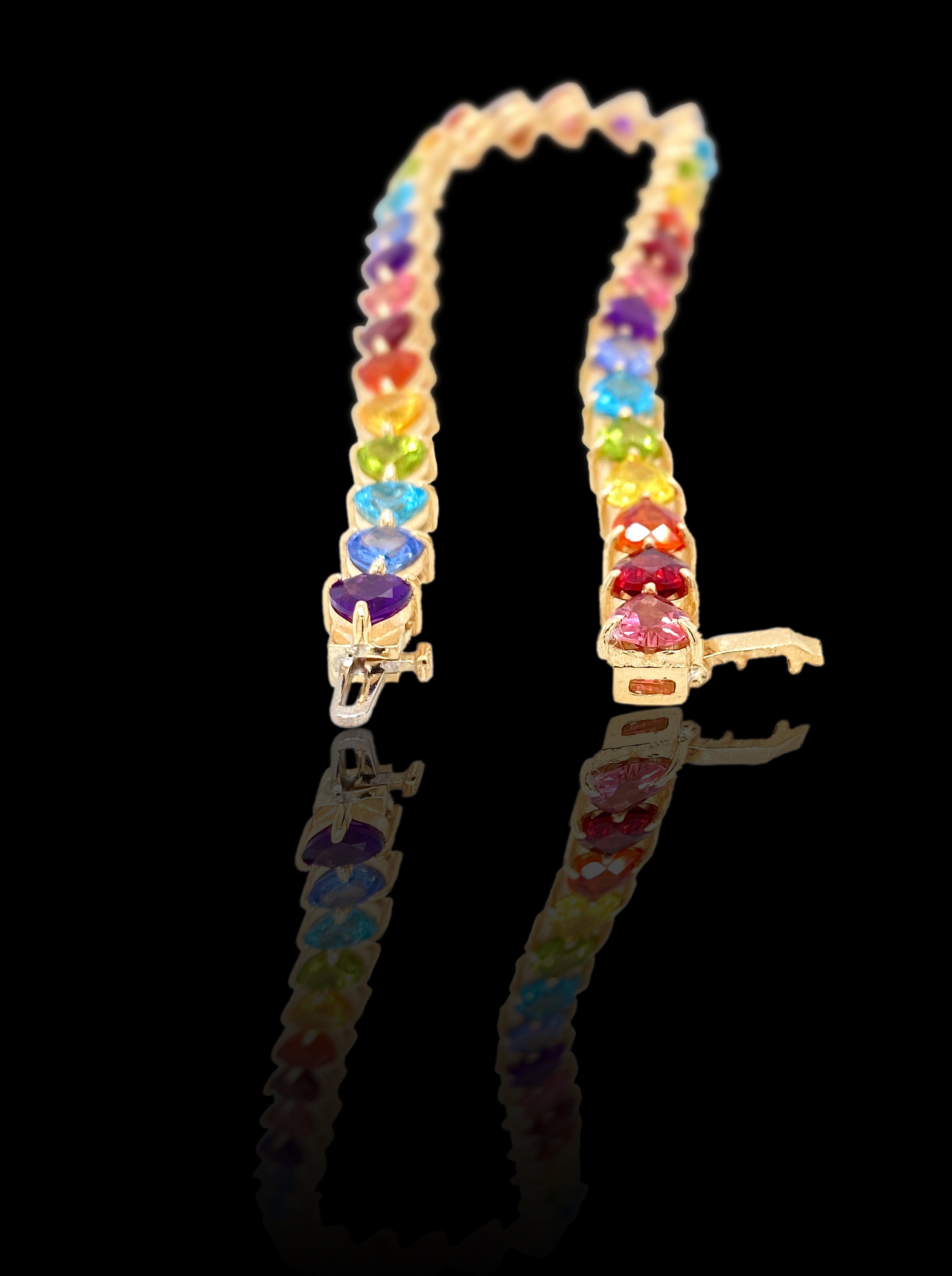 14K White Gold Rainbow Heart Tennis Bracelet with Gemstones