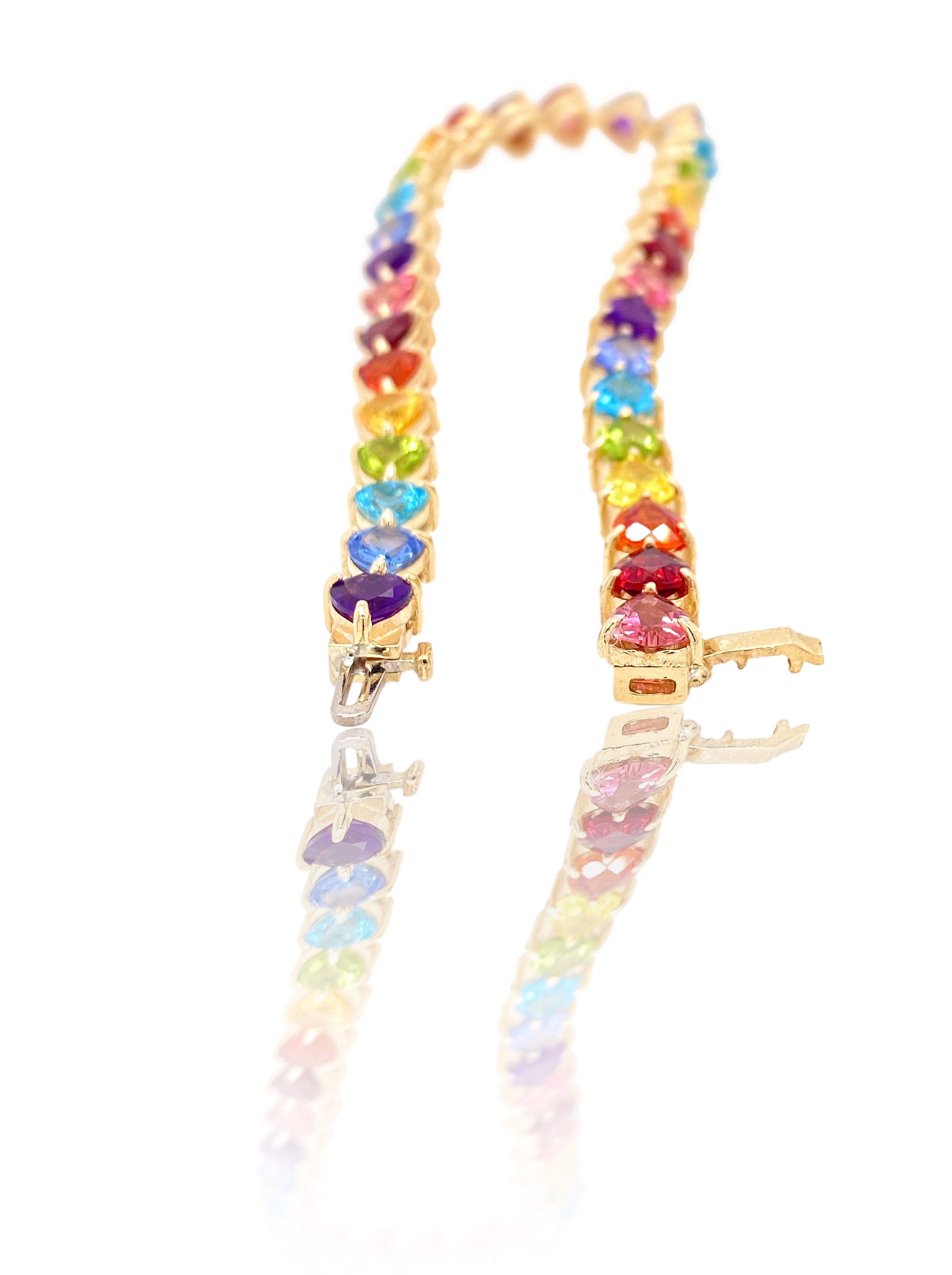 14K White Gold Rainbow Heart Tennis Bracelet with Gemstones