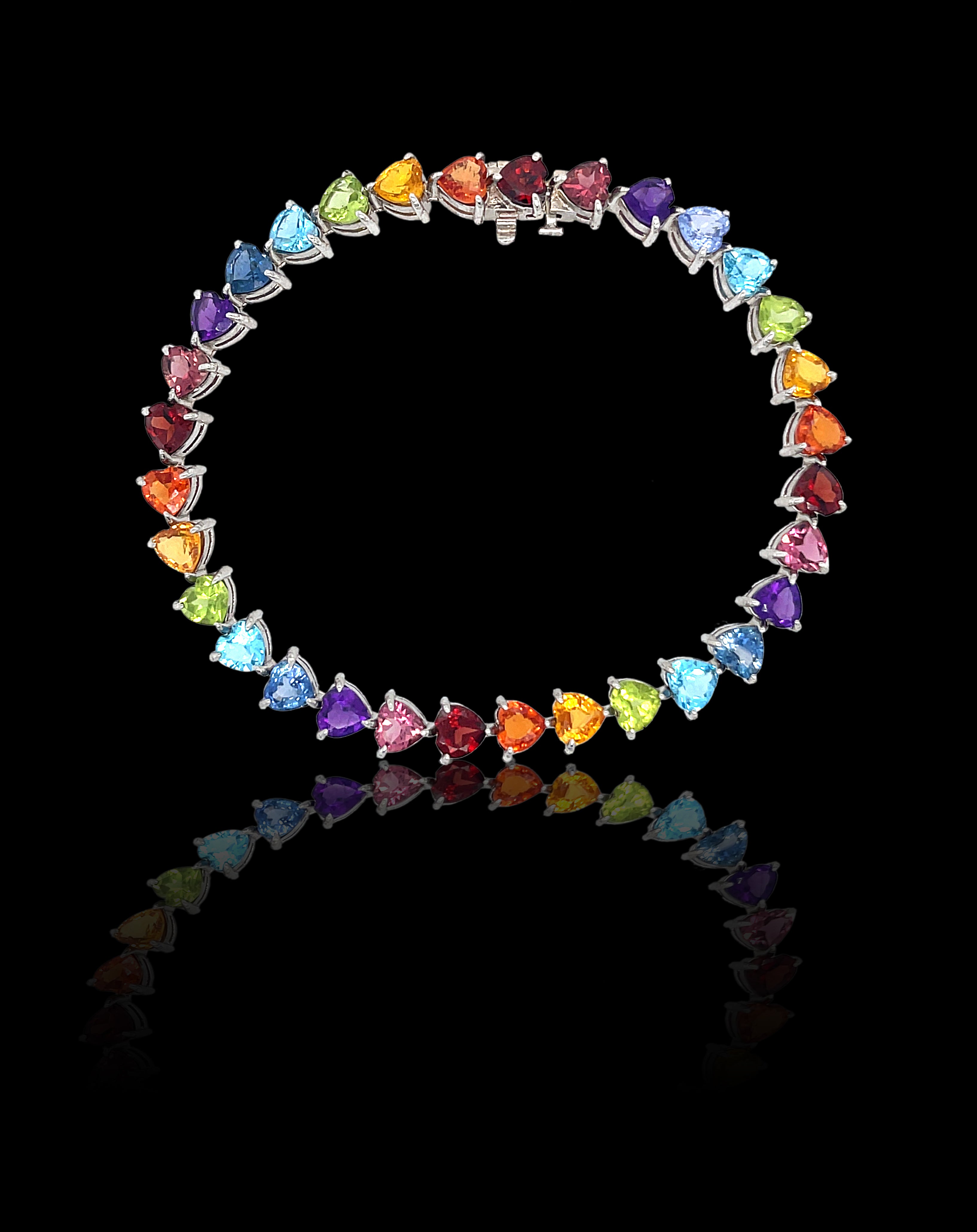 14K White Gold Rainbow Heart Tennis Bracelet with Gemstones