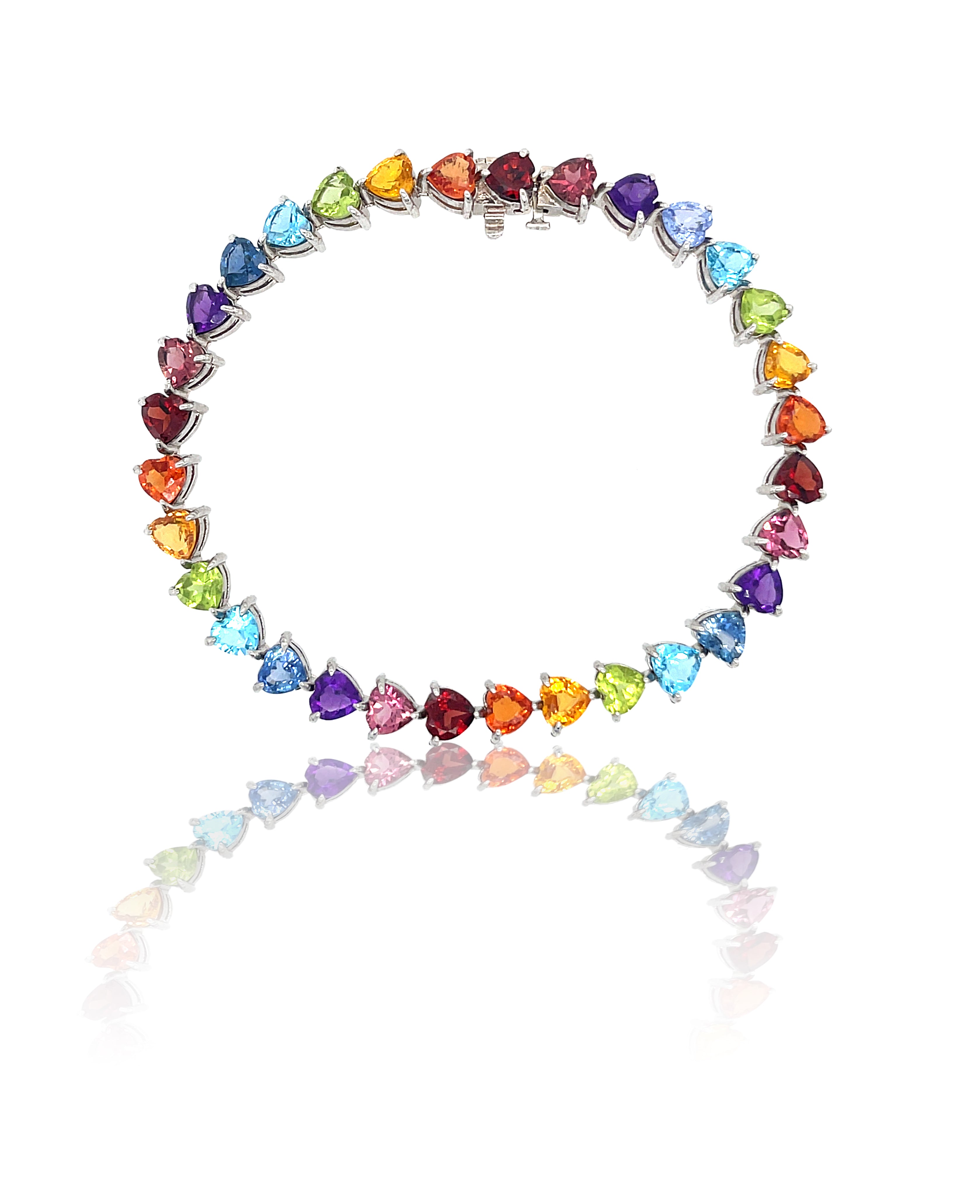 14K White Gold Rainbow Heart Tennis Bracelet with Gemstones