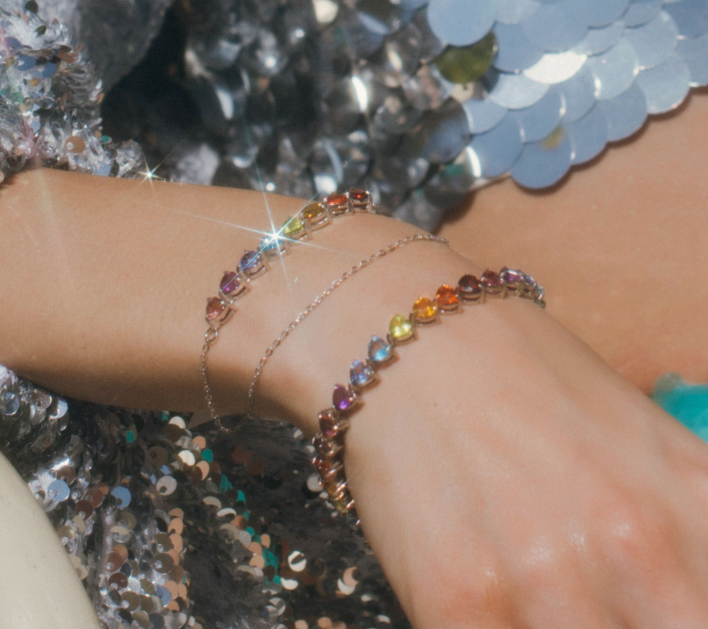 14K White Gold Rainbow Heart Tennis Bracelet with Gemstones