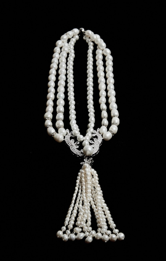 Three-Strand Freshwater Pearl Tassel Necklace with Crystal Accents