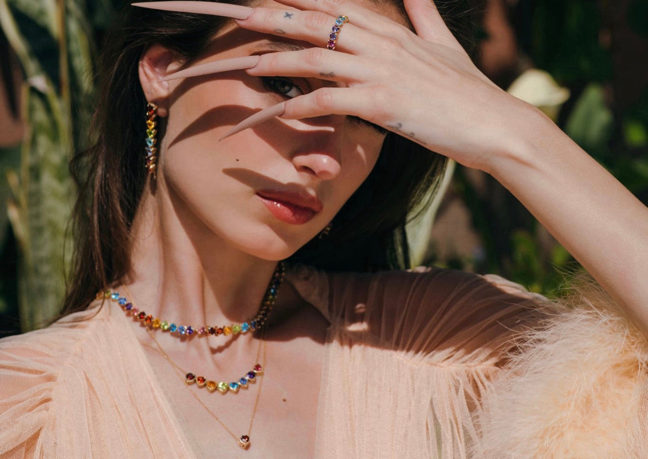 14K Gold Rainbow Heart Gemstone 8 Slider Necklace