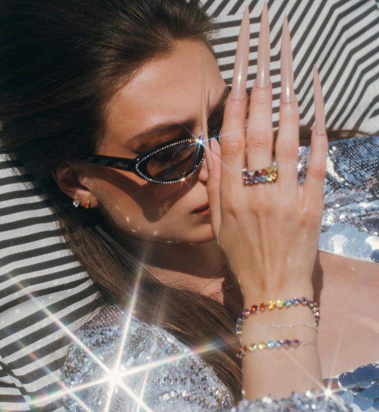 14K White Gold Rainbow Heart Gemstone Chain Bracelet by Mordekai