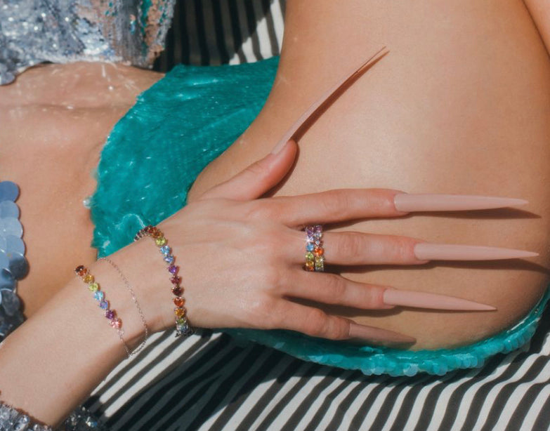 14K White Gold Rainbow Heart Gemstone Chain Bracelet by Mordekai