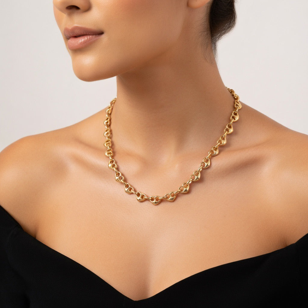 14K Gold Heart Puff Mariner Chain Necklace