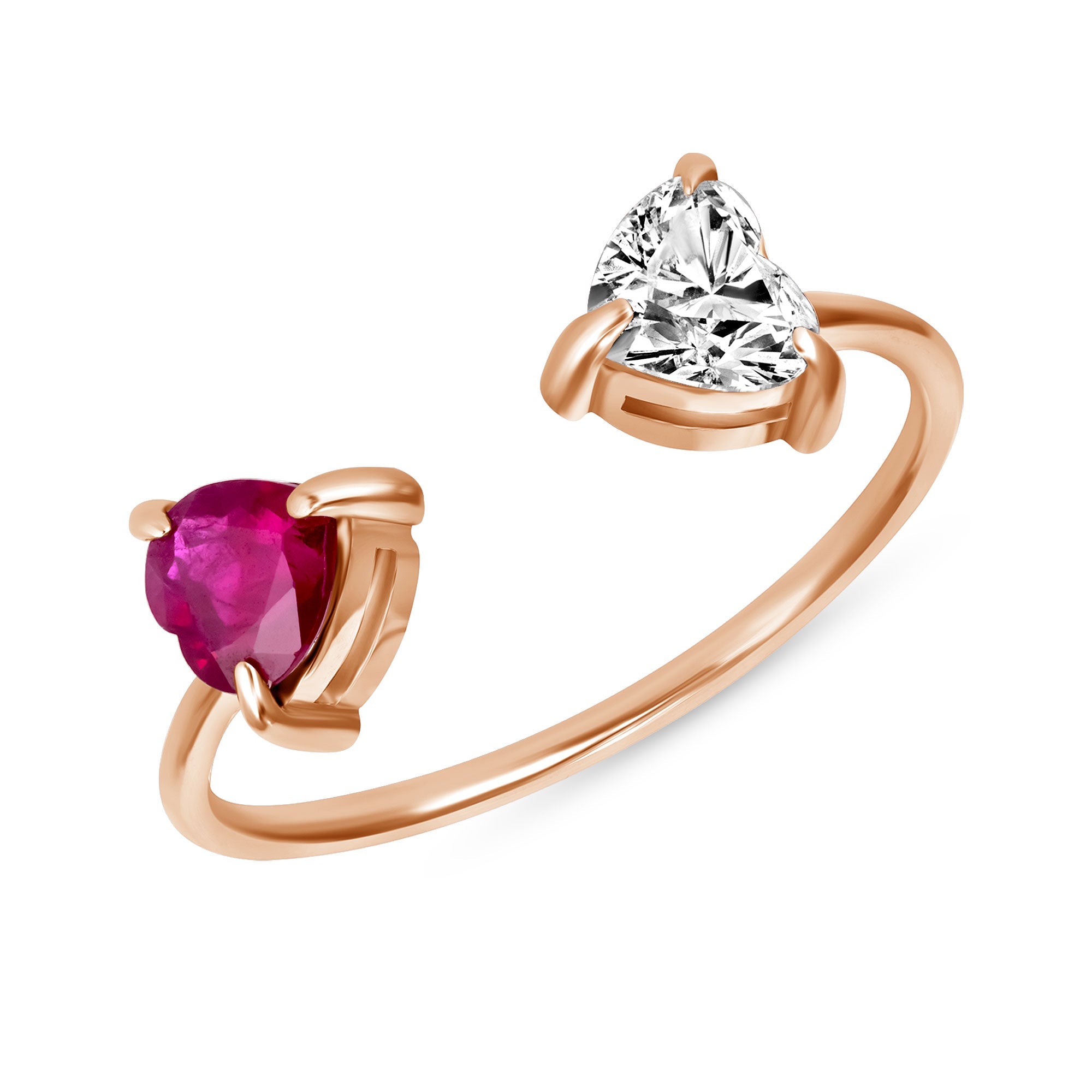 14K White Gold Toi Et Moi Diamond and Ruby Heart Ring - Mordekai