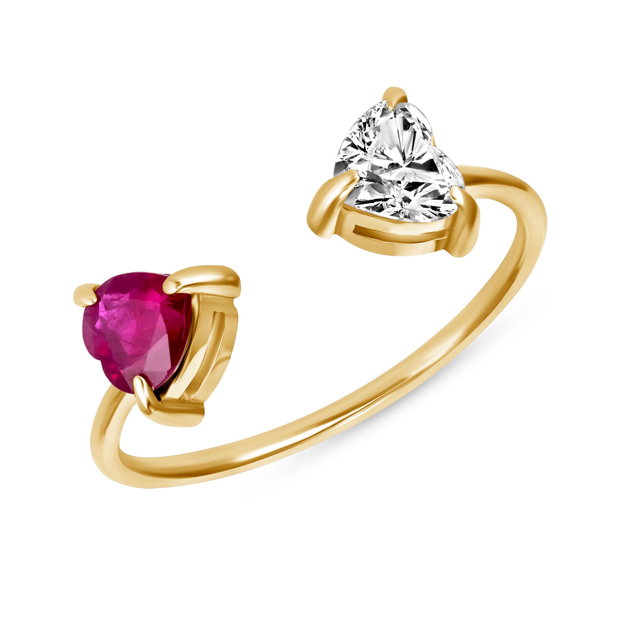 14K White Gold Toi Et Moi Diamond and Ruby Heart Ring - Mordekai