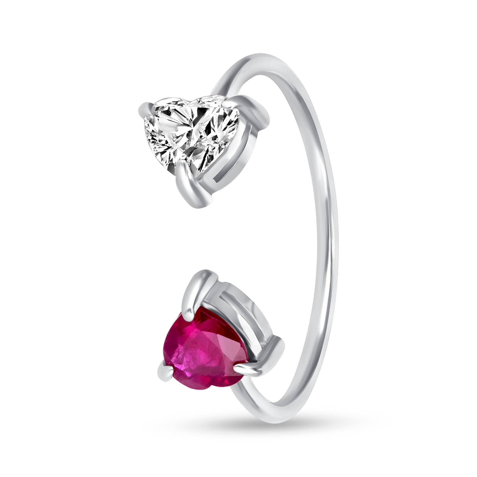 14K White Gold Toi Et Moi Diamond and Ruby Heart Ring - Mordekai