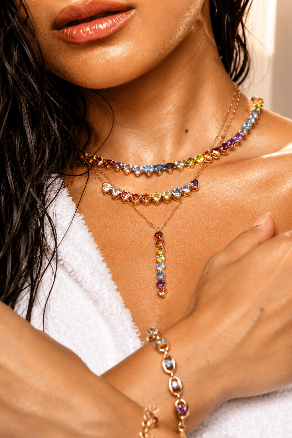 14K Gold Ombré Rainbow Graduated Heart Tennis Necklace - Mordekai