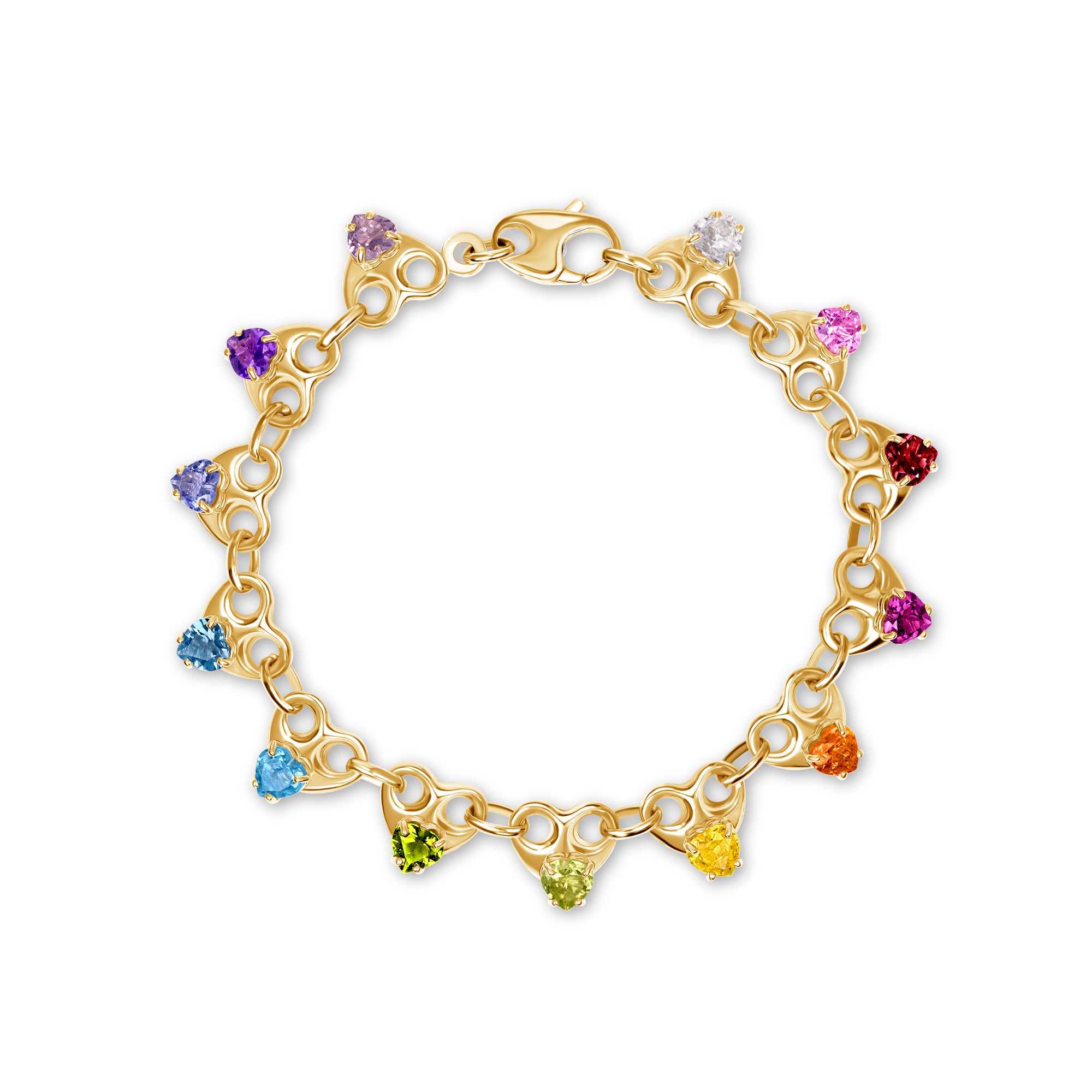 14K Gold Rainbow Heart Gemstone Mariner Bracelet