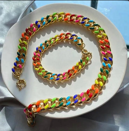 Rainbow Enamel Cuban Necklace