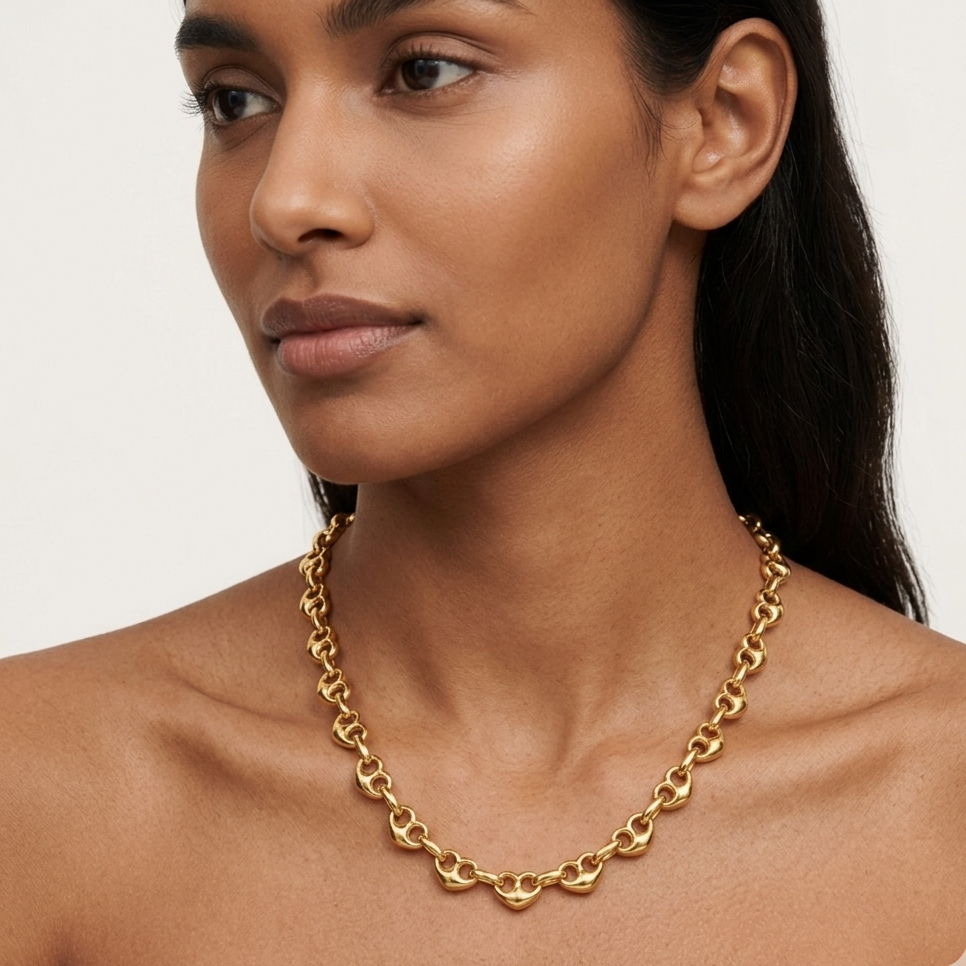 14K Gold Heart Puff Mariner Chain Necklace