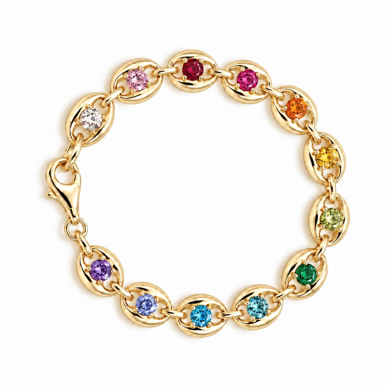 14K Gold Rainbow Gemstone Puffed Mariner Bracelet