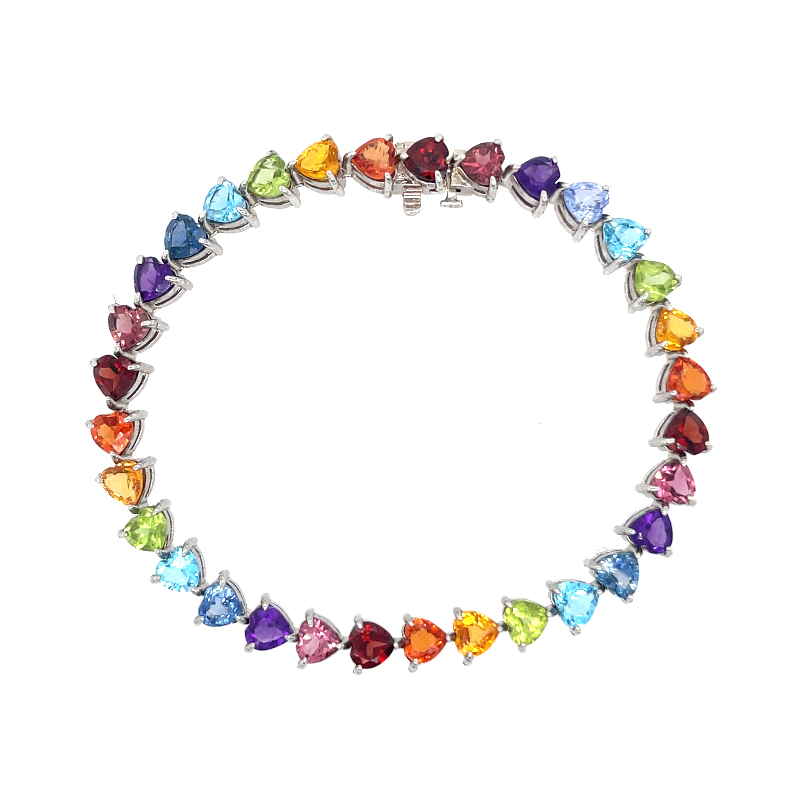 14K White Gold Rainbow Heart Tennis Bracelet with Gemstones