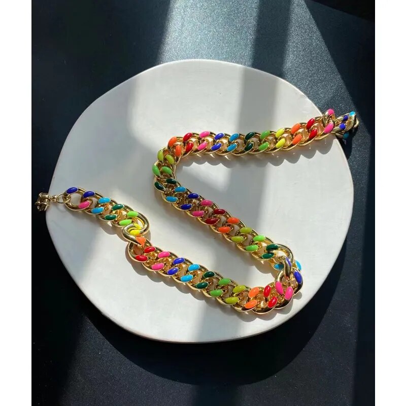 Rainbow Enamel Cuban Necklace