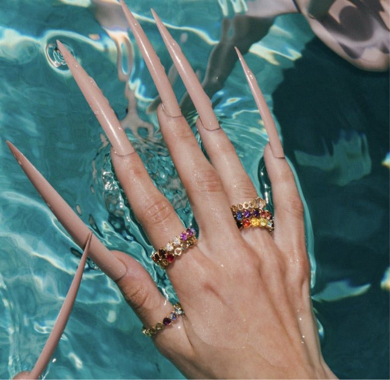14k gold diamond double rainbow gem ring - Mordekai