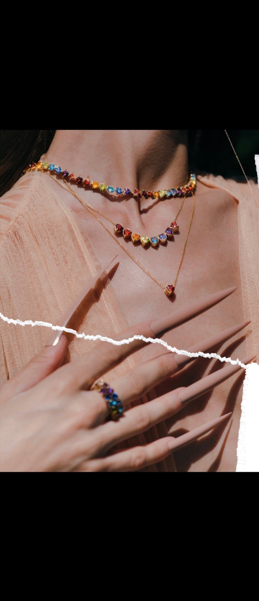 14K Gold Rainbow Diamond Heart Gemstone 10 Slider Necklace - Mordekai