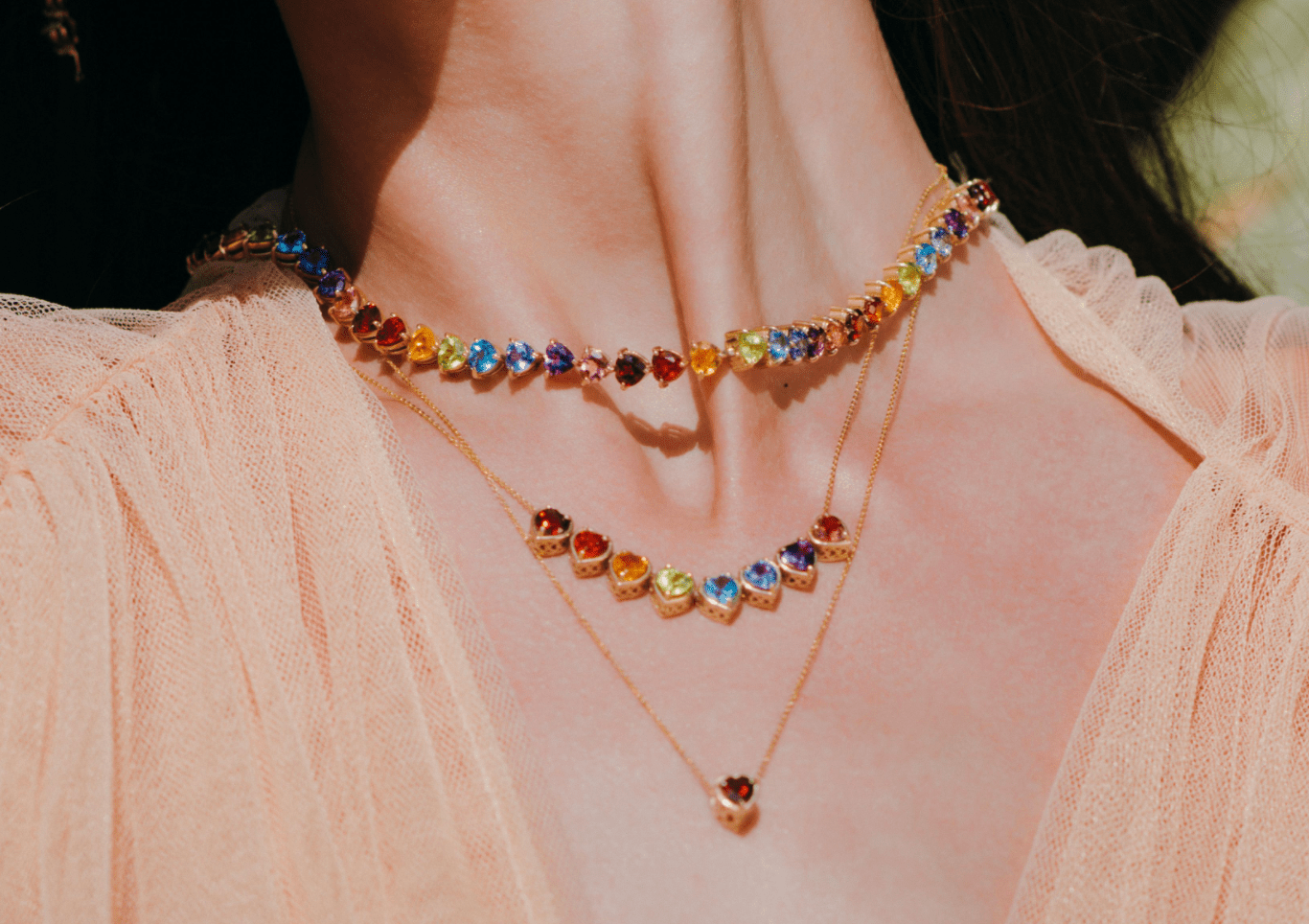 14K Gold Rainbow Diamond Heart Gemstone 10 Slider Necklace - Mordekai