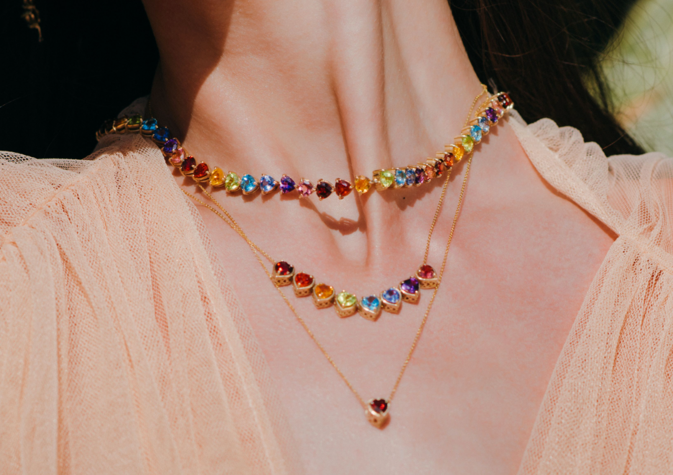 Rainbow heart gems slider necklace