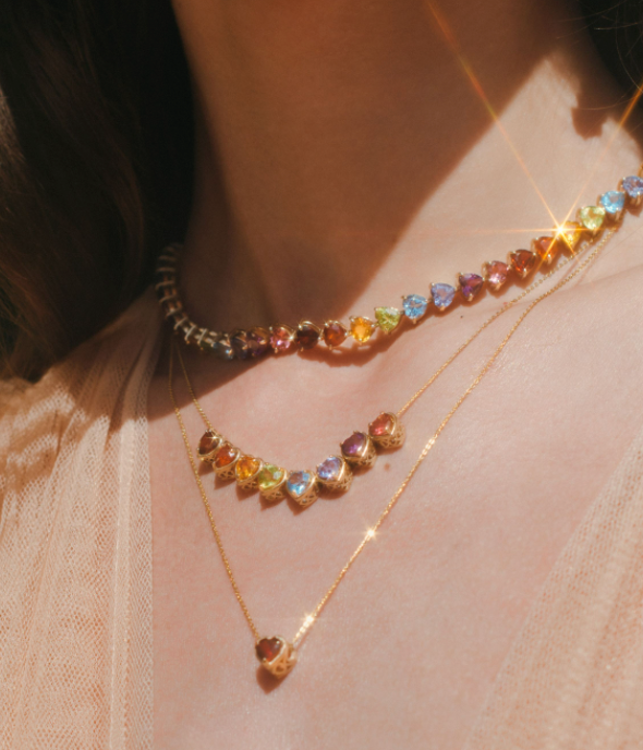 Rainbow heart gems slider necklace