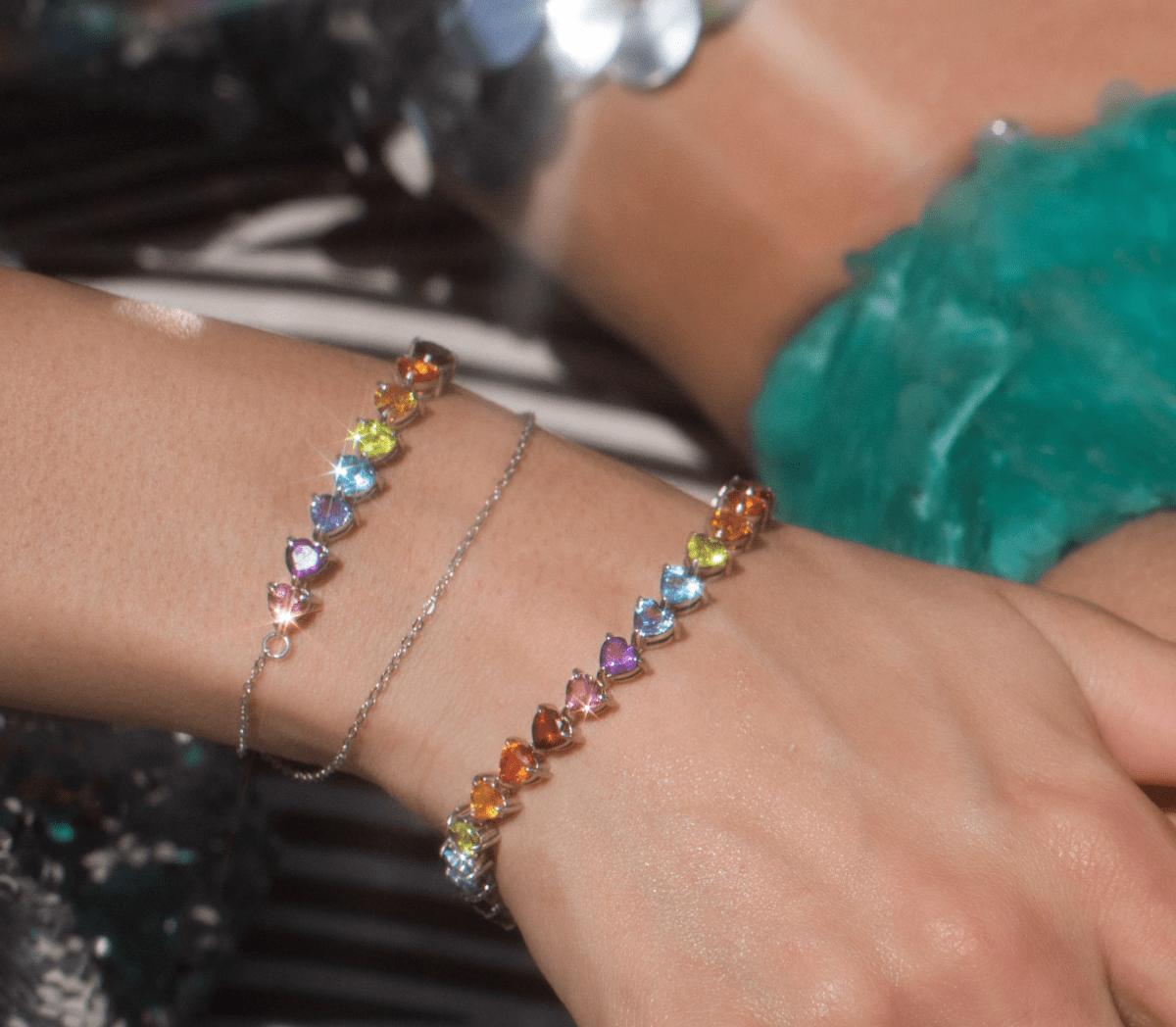 14K White Gold Rainbow Heart Tennis Bracelet with Gemstones - Mordekai