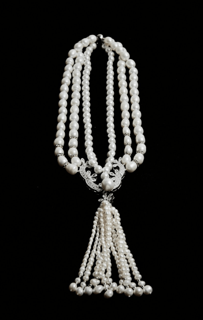 Three-Strand Freshwater Pearl Tassel Necklace with Crystal Accents - Mordekai